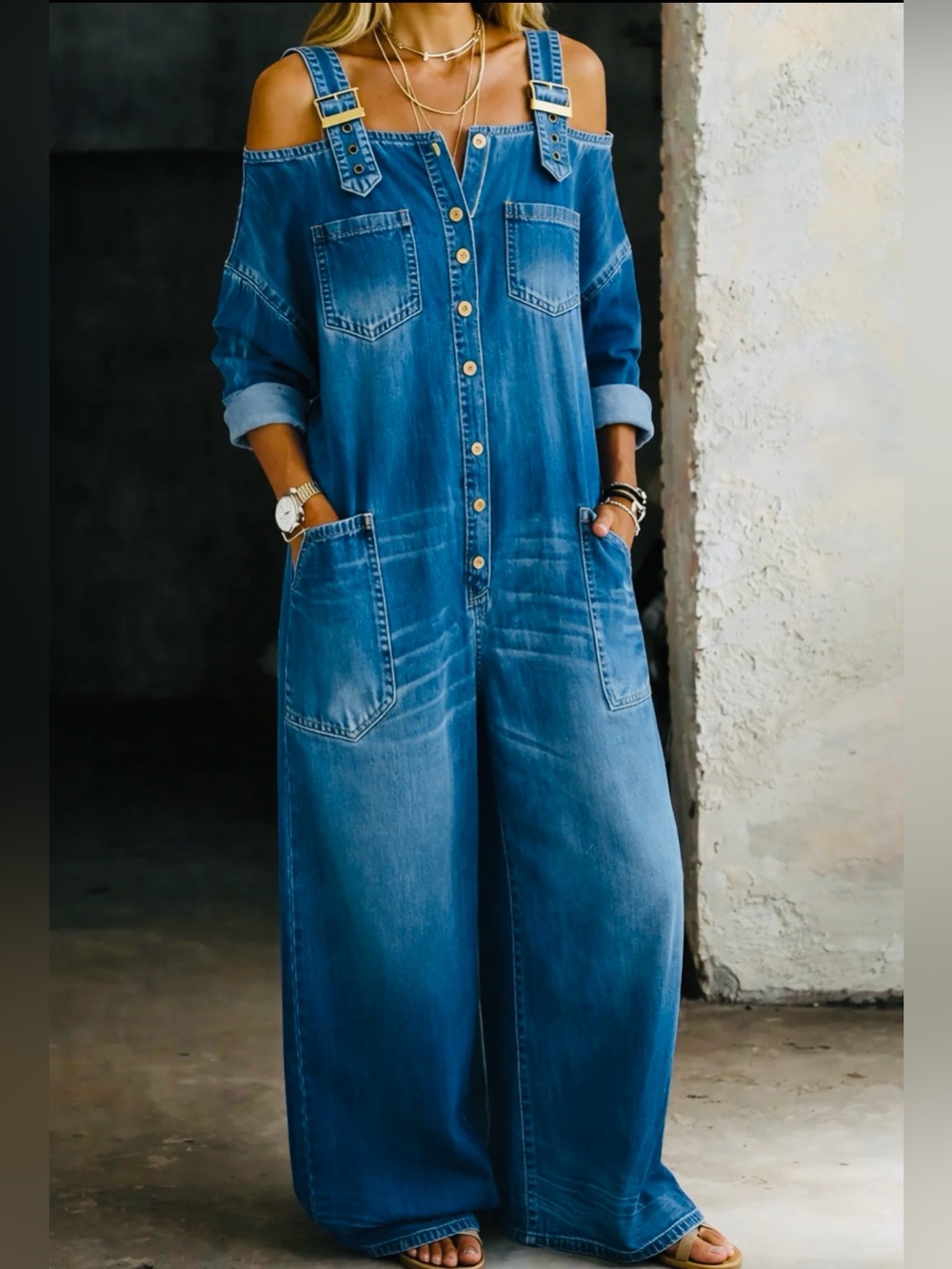 Denim Off-Shoulder Wide-Leg Jumpsuit - Blue